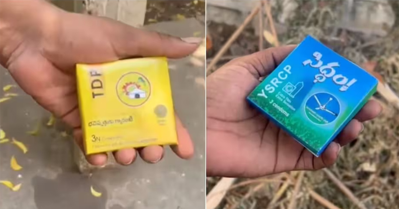 പ്രചരണത്തിന്റെ ഭാഗമായി വിതരണം ചെയ്ത കിറ്റിൽ കോണ്ടം; പാർട്ടി ചിഹ്നങ്ങളോടെ പാക്കറ്റുകൾ