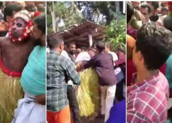 തെയ്യത്തെ കണ്ട് ഓടിയ കുട്ടി വീണ് പരിക്കേറ്റു; കണ്ണൂരിൽ തെയ്യത്തെ തല്ലി നാട്ടുകാർ