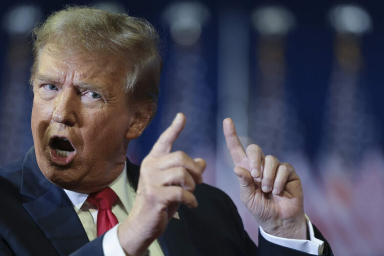 CONWAY, SOUTH CAROLINA - FEBRUARY 10: Republican presidential candidate and former President Donald Trump mocks U.S. President Joe Biden while speaking during a Get Out The Vote rally at Coastal Carolina University on February 10, 2024 in Conway, South Carolina. South Carolina holds its Republican primary on February 24. (Photo by Win McNamee/Getty Images)