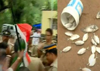 ഏലൂരില് പ്രതിഷേധം ശക്തം ; മലിനീകരണ നിയന്ത്രണ ഓഫീസിലേക്ക് ചീഞ്ഞ മീനെറിഞ്ഞ് കര്ഷകര്