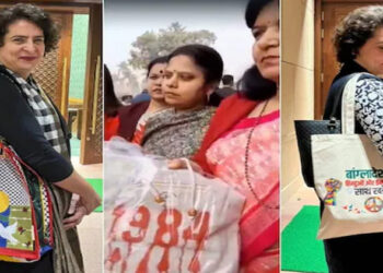 പ്രിയങ്ക ഗാന്ധിക്ക് സമ്മാനമായി ‘1984’ ബാഗുമായി ബിജെപി വനിതാ എം പി പാർലമെന്റിൽ